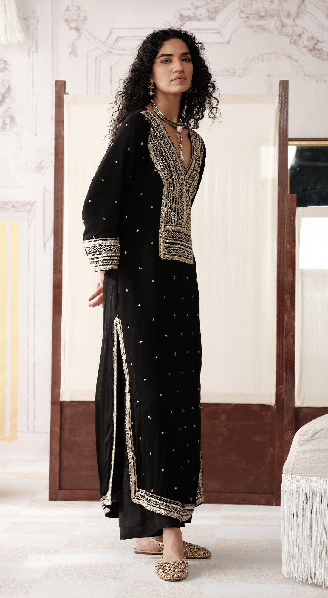 Black viscose georgette suit set with sequin and bead work - Basanti kapde aur koffee