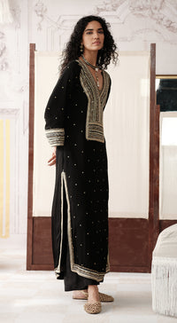 Black viscose georgette suit set with sequin and bead work - Basanti kapde aur koffee
