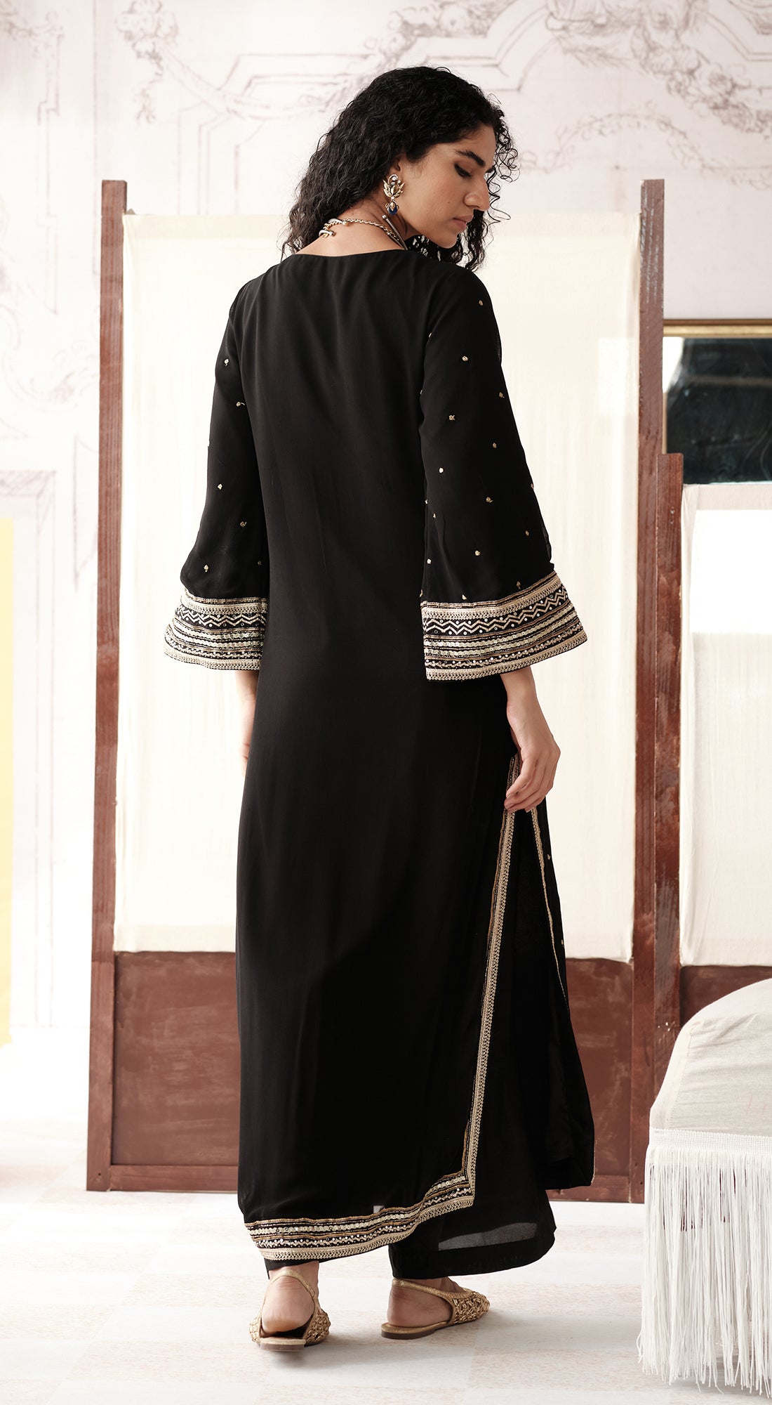 Black viscose georgette suit set with sequin and bead work - Basanti kapde aur koffee