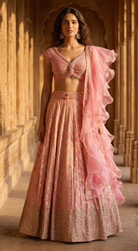 Peach Banarasi Embroidered Lehenga Set