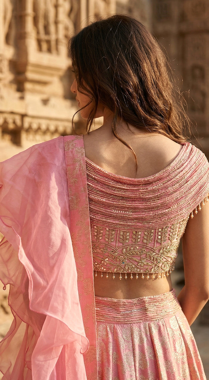 Peach Banarasi Embroidered Lehenga Set