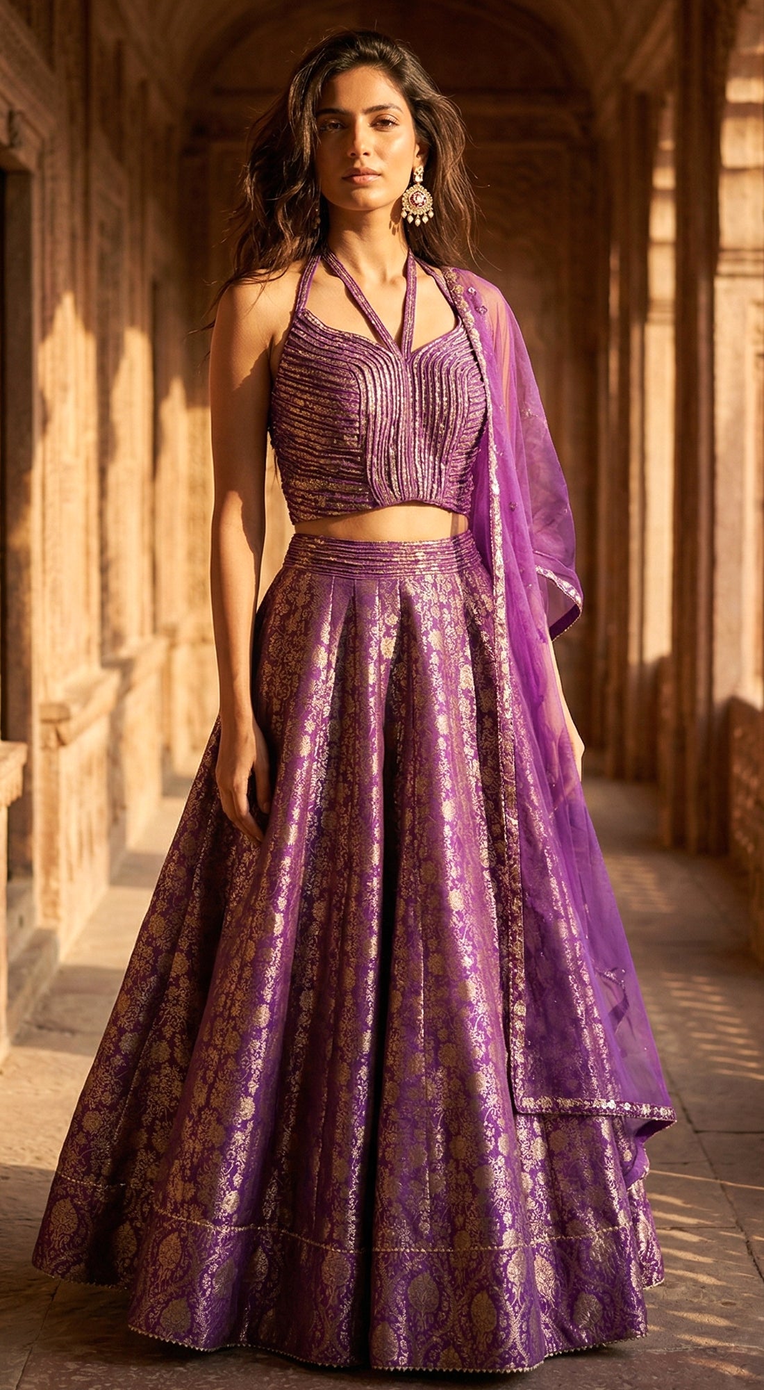 Purple Banarasi Embroidered Lehenga Set