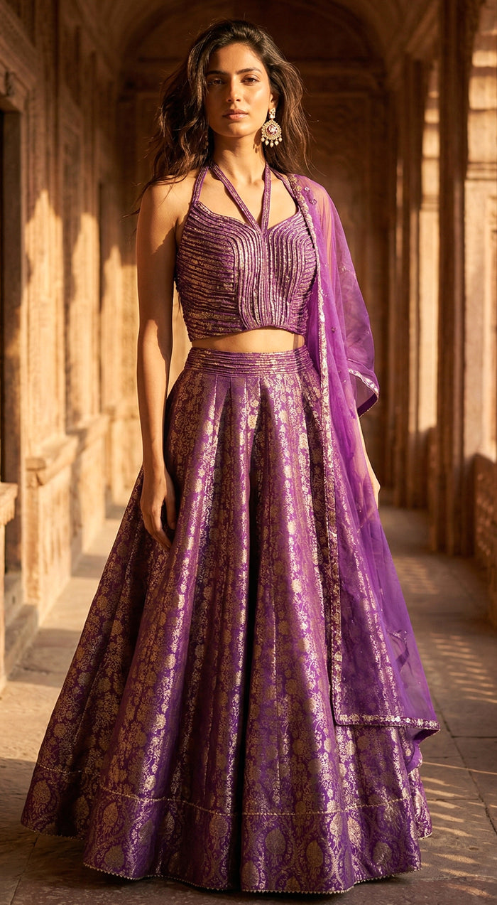 Purple Banarasi Embroidered Lehenga Set
