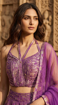 Purple Banarasi Embroidered Lehenga Set