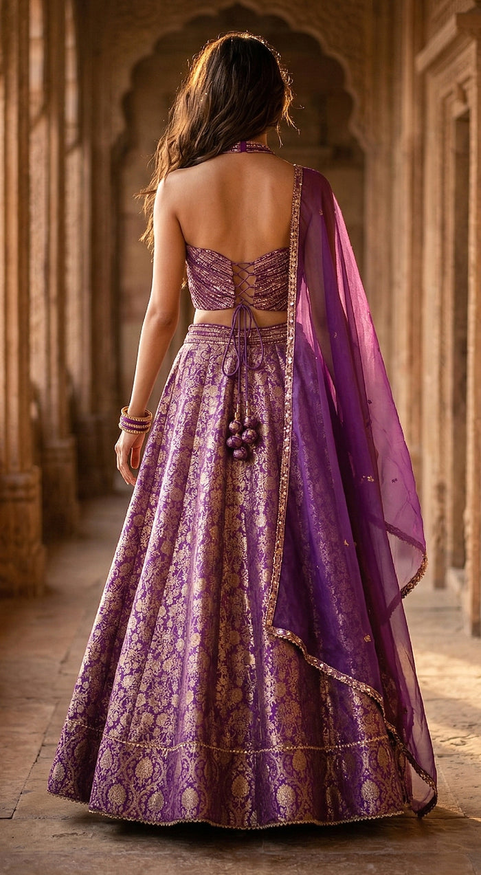 Purple Banarasi Embroidered Lehenga Set
