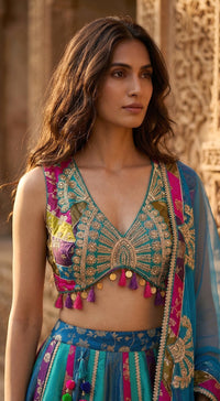 Turquoise Banarasi Embroidered Lehenga Set