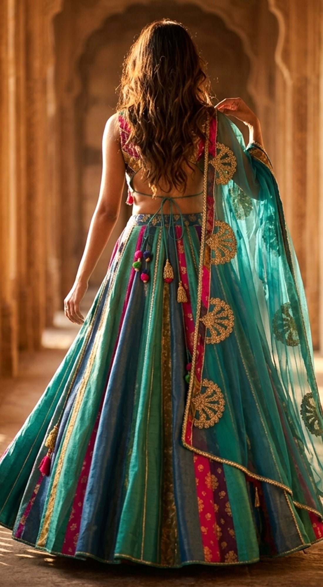 Turquoise Banarasi Embroidered Lehenga Set