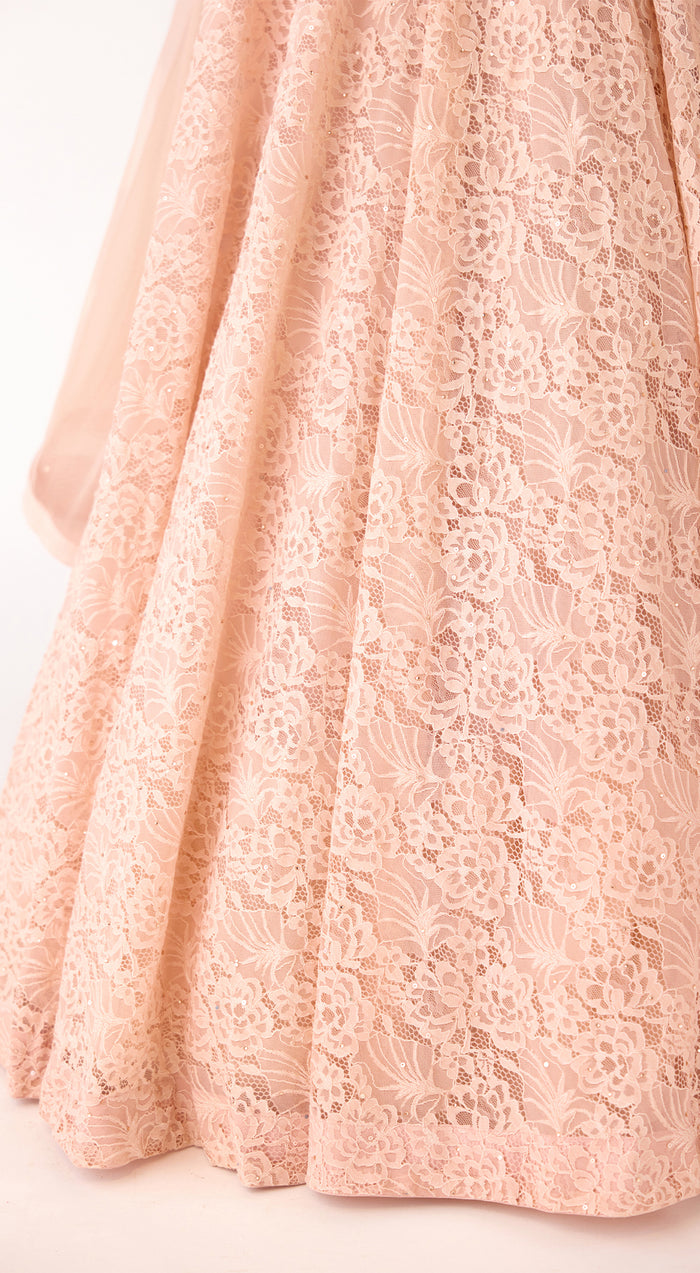 Peach Chantilly Net Embroidered Lehenga Set