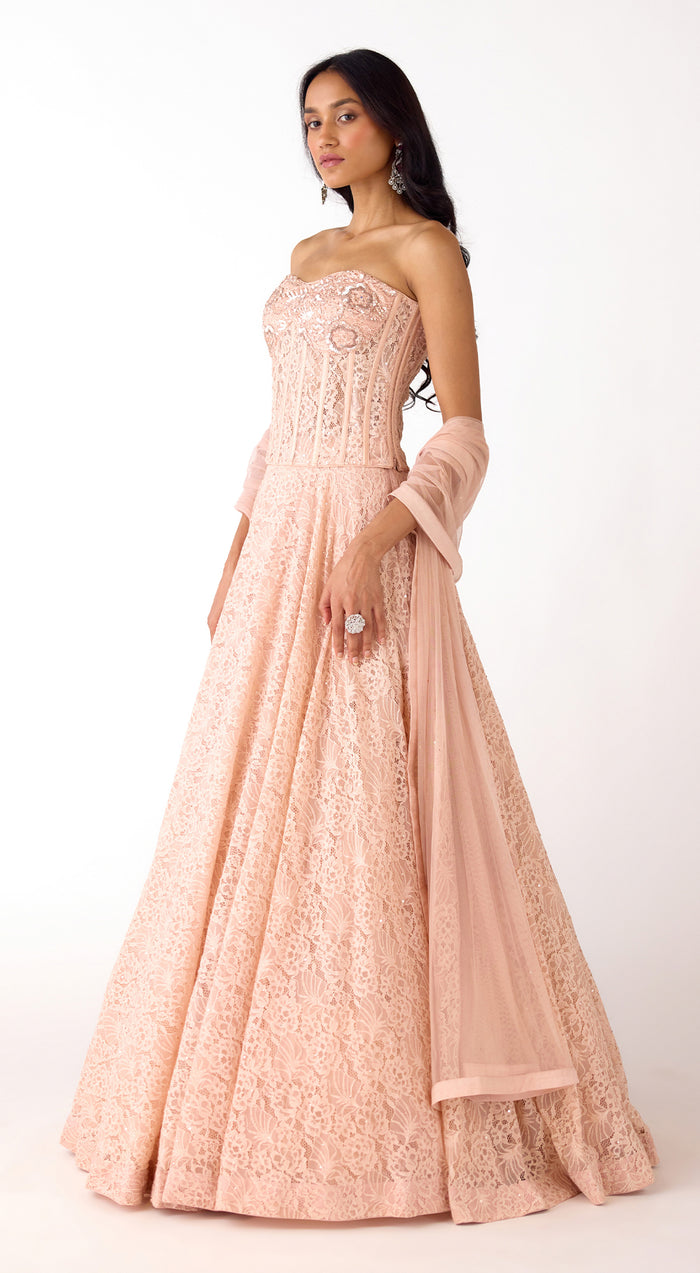 Peach Chantilly Net Embroidered Lehenga Set