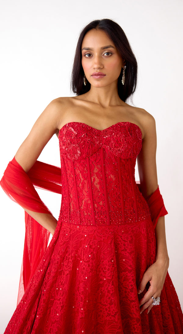 Red Chantley net corset lehenga set with sequins, cutdana and Swarovski embroidery - Basanti