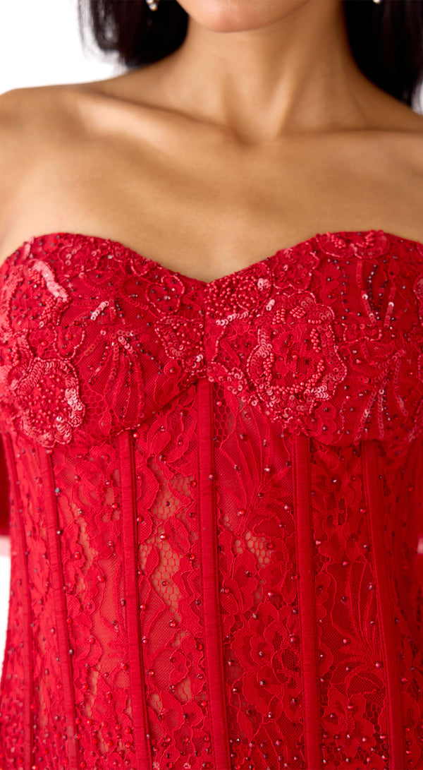 Red Chantley net corset lehenga set with sequins, cutdana and Swarovski embroidery - Basanti