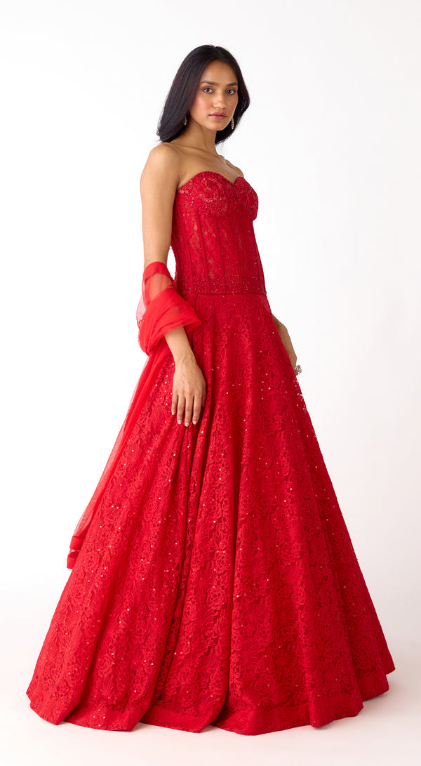 Red Chantley net corset lehenga set with sequins, cutdana and Swarovski embroidery - Basanti