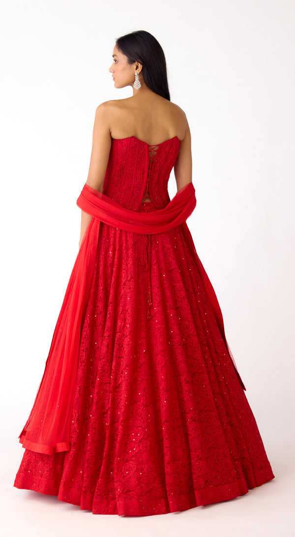 Red Chantley net corset lehenga set with sequins, cutdana and Swarovski embroidery - Basanti
