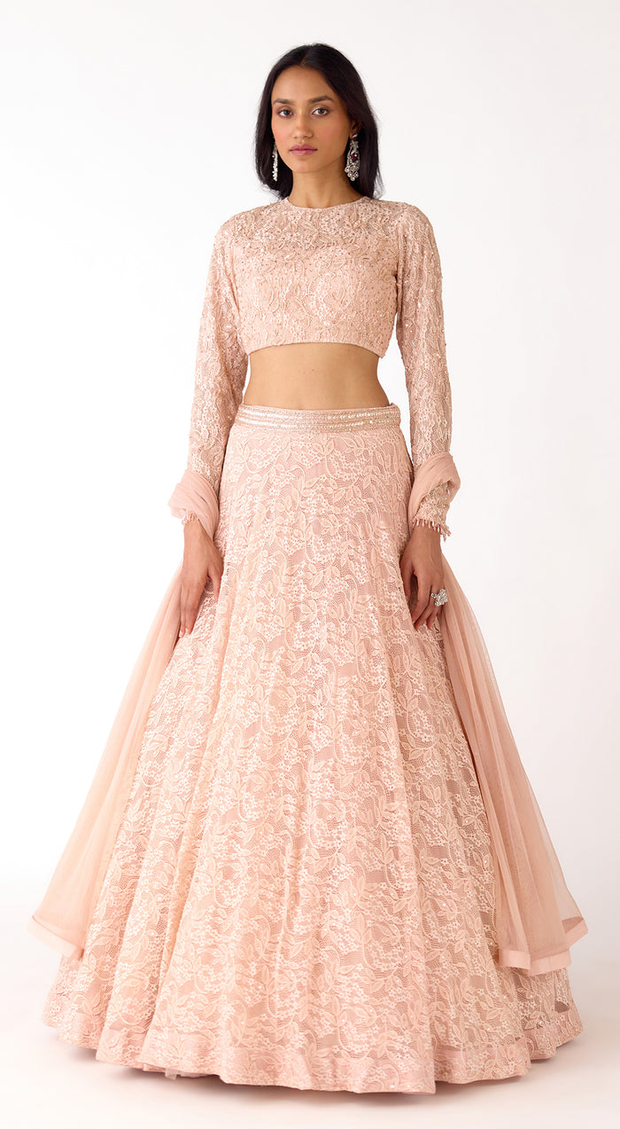Peach Chantilly Net Embroidered Lehenga Set