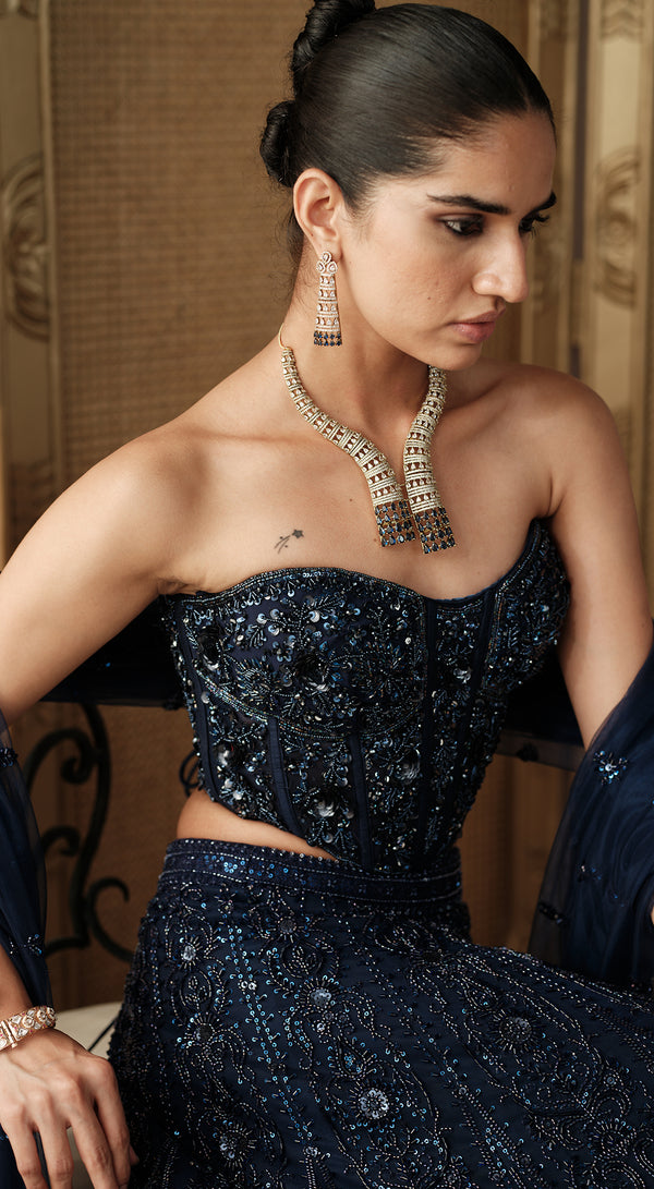 Basanti Kapde Aur Koffee Midnight Etoile blue embroidered lehenga set