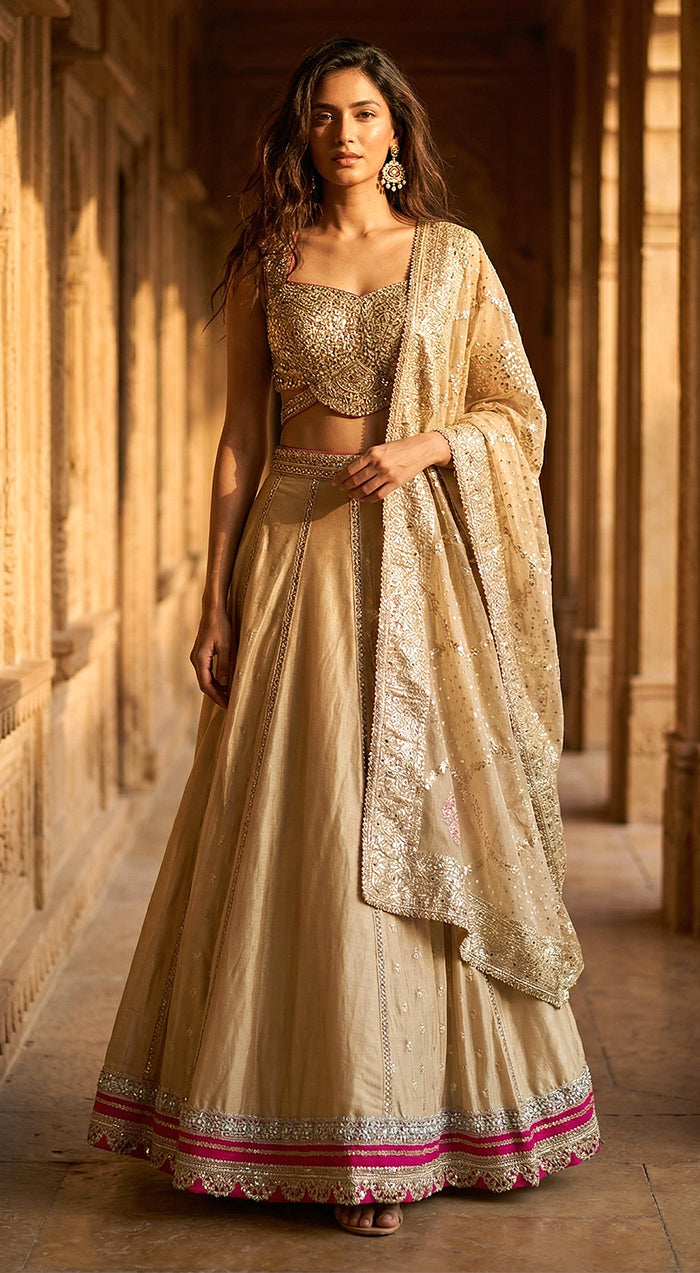 Gold Tissue Embroidered Lehenga Set