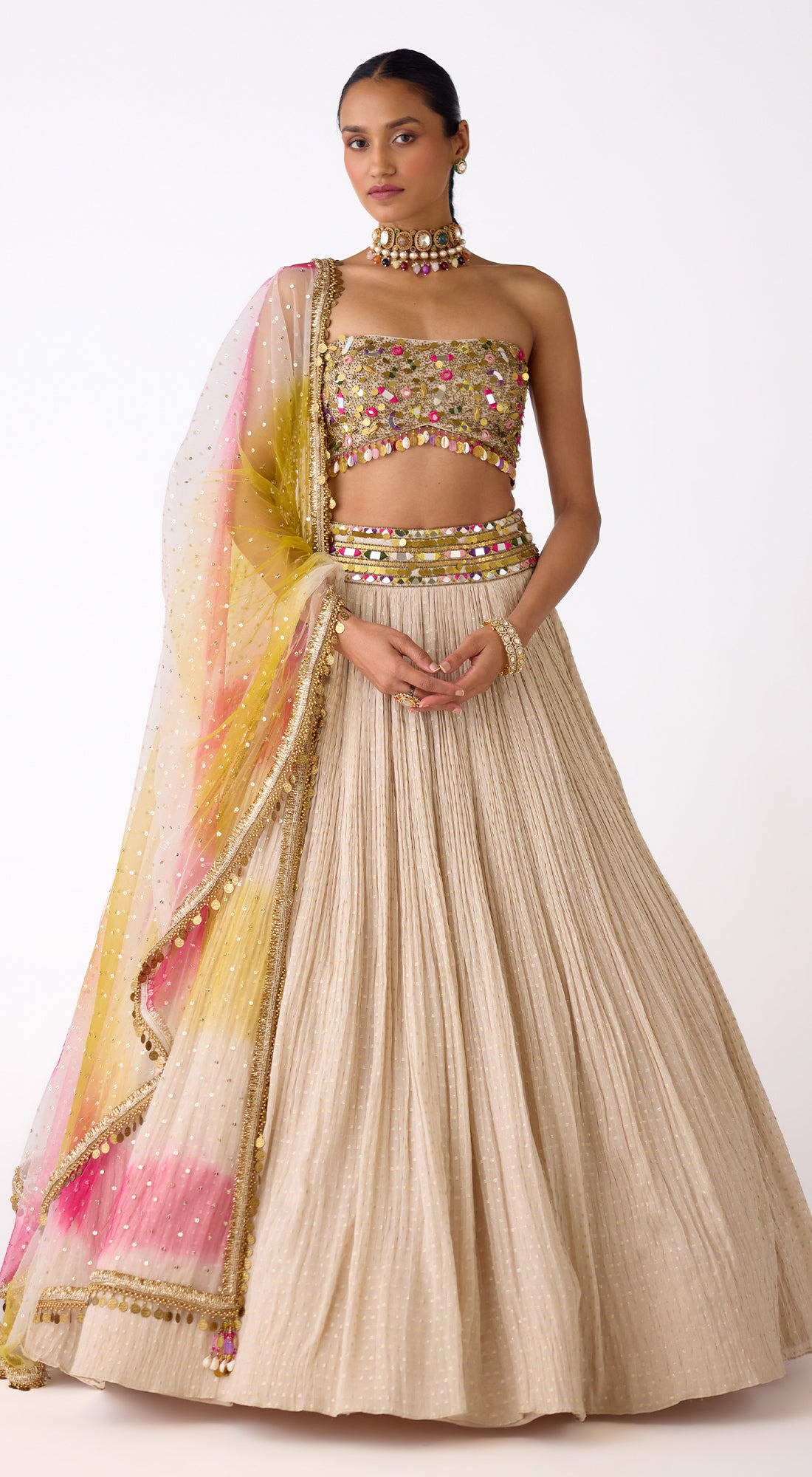 Ivory Designer Chinon Lehenga Set with Mirror Work and Embroidered Blouse - Basanti Kapde aur Koffee