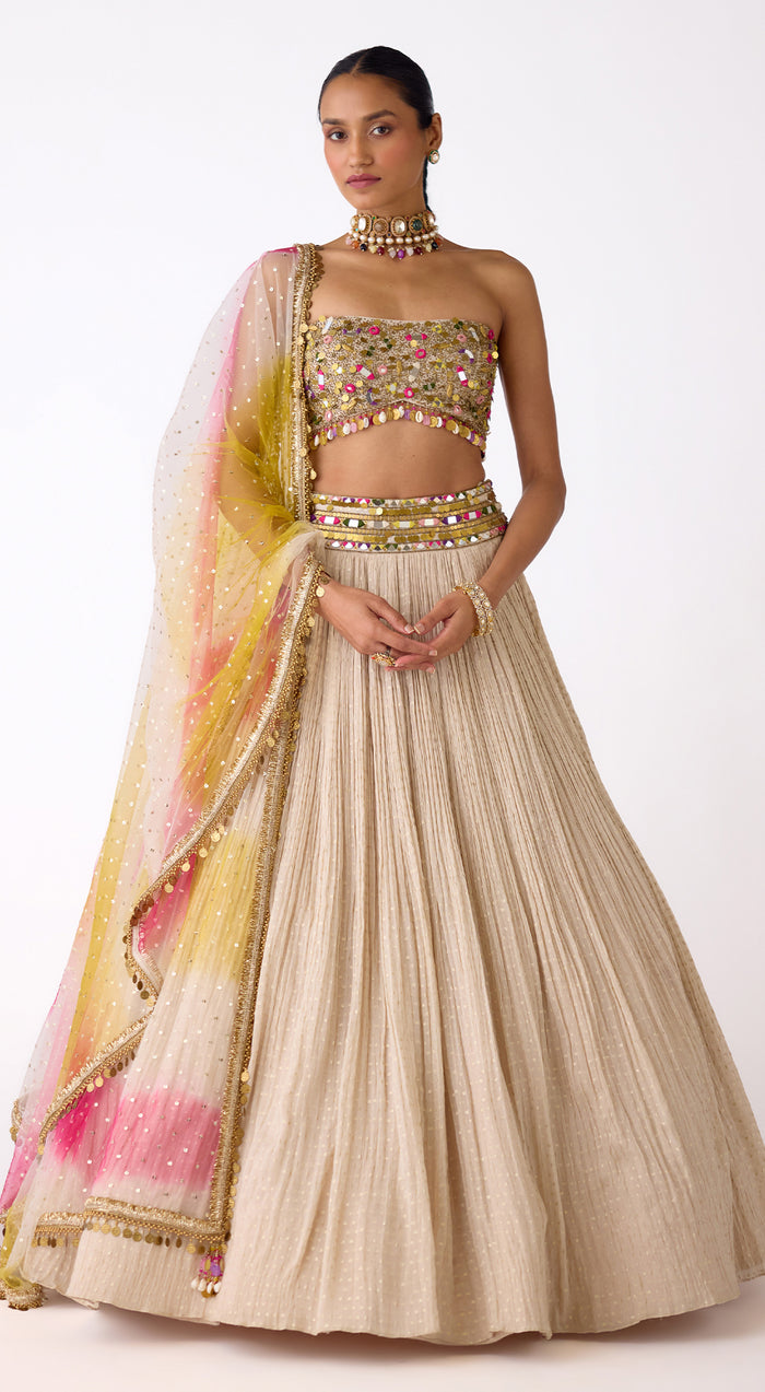 Ivory Designer Chinon Lehenga Set with Mirror Work and Embroidered Blouse - Basanti Kapde aur Koffee