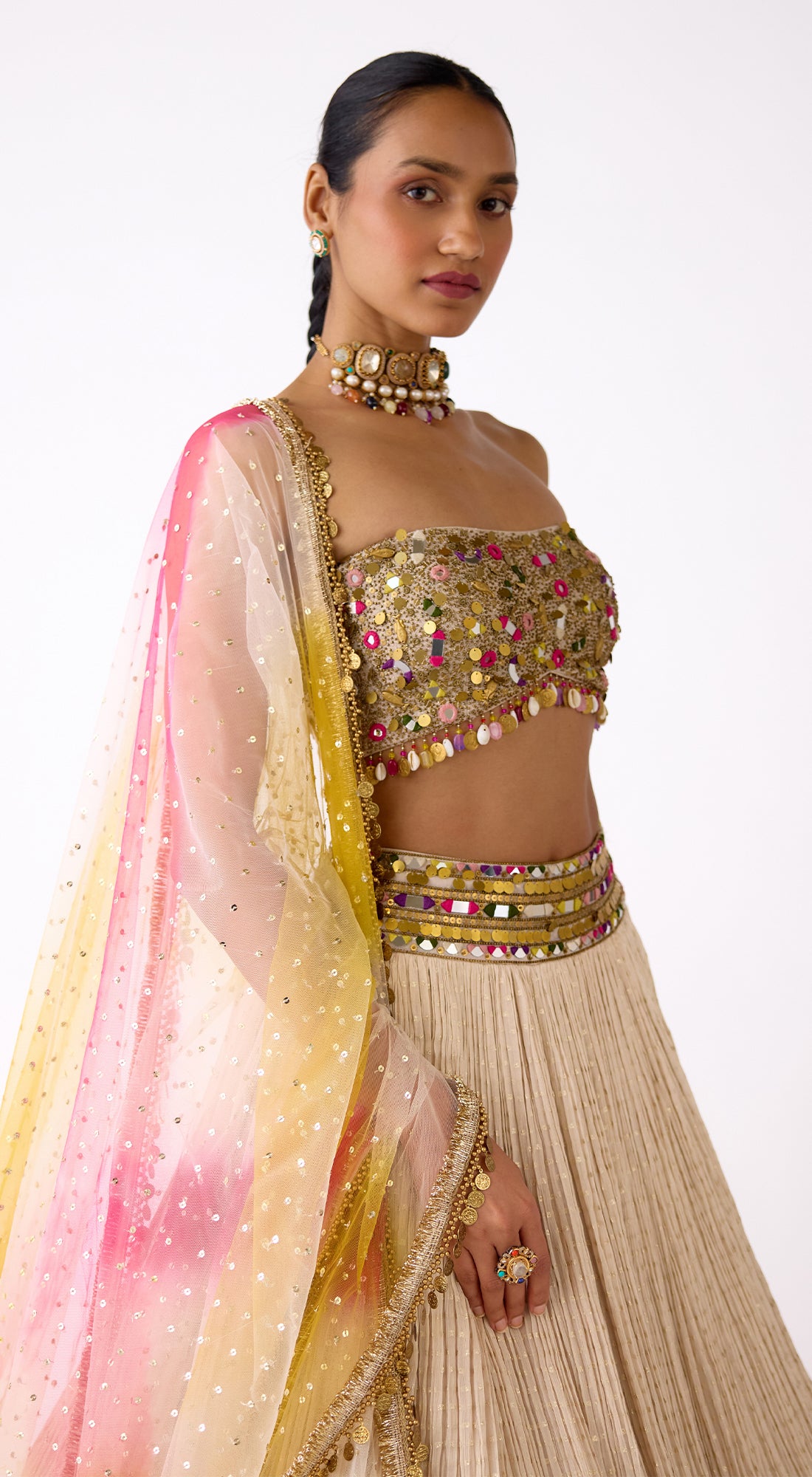 Ivory Designer Chinon Lehenga Set with Mirror Work and Embroidered Blouse - Basanti Kapde aur Koffee