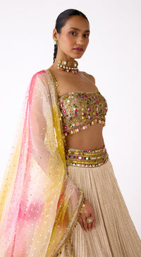 Ivory Designer Chinon Lehenga Set with Mirror Work and Embroidered Blouse - Basanti Kapde aur Koffee