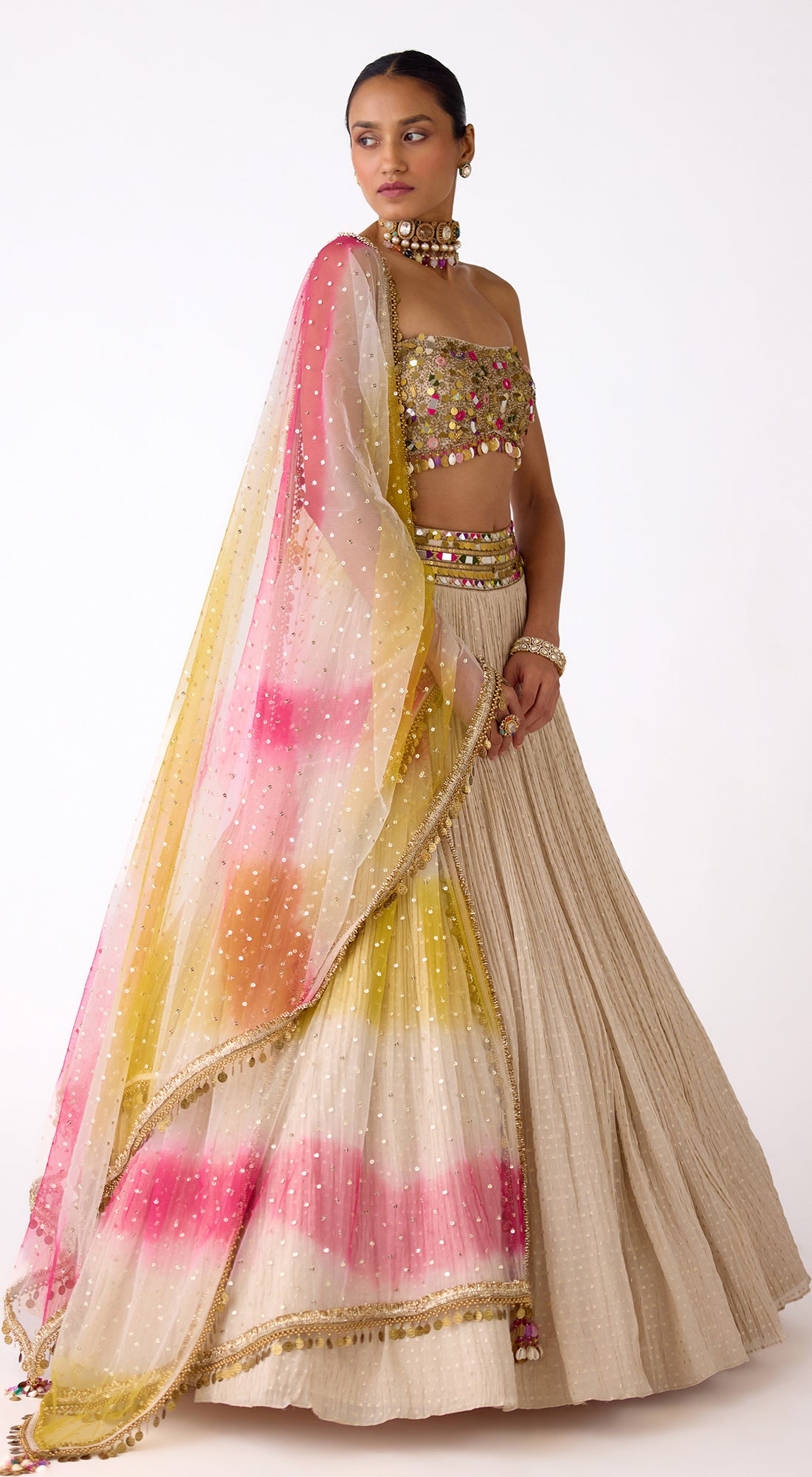 Ivory Designer Chinon Lehenga Set with Mirror Work and Embroidered Blouse - Basanti Kapde aur Koffee