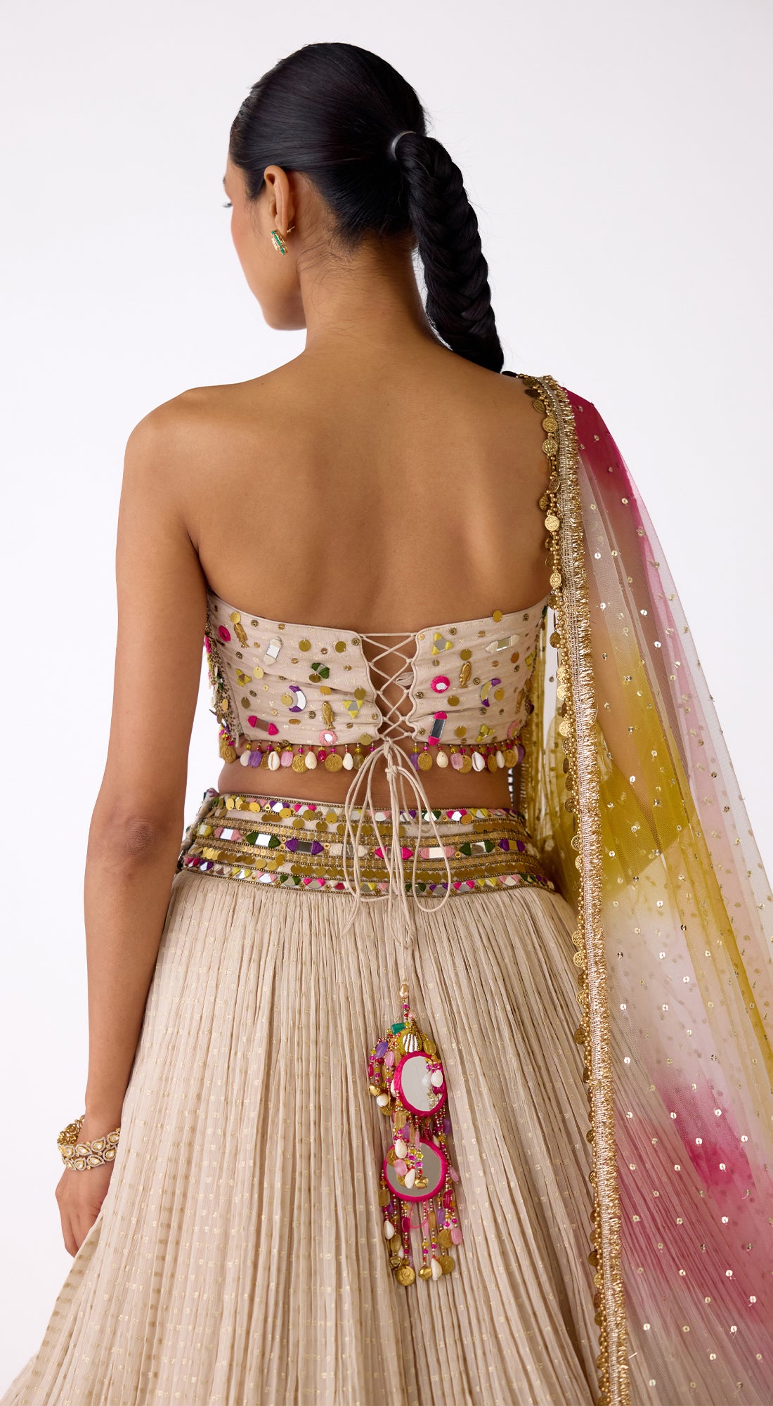Ivory Designer Chinon Lehenga Set with Mirror Work and Embroidered Blouse - Basanti Kapde aur Koffee