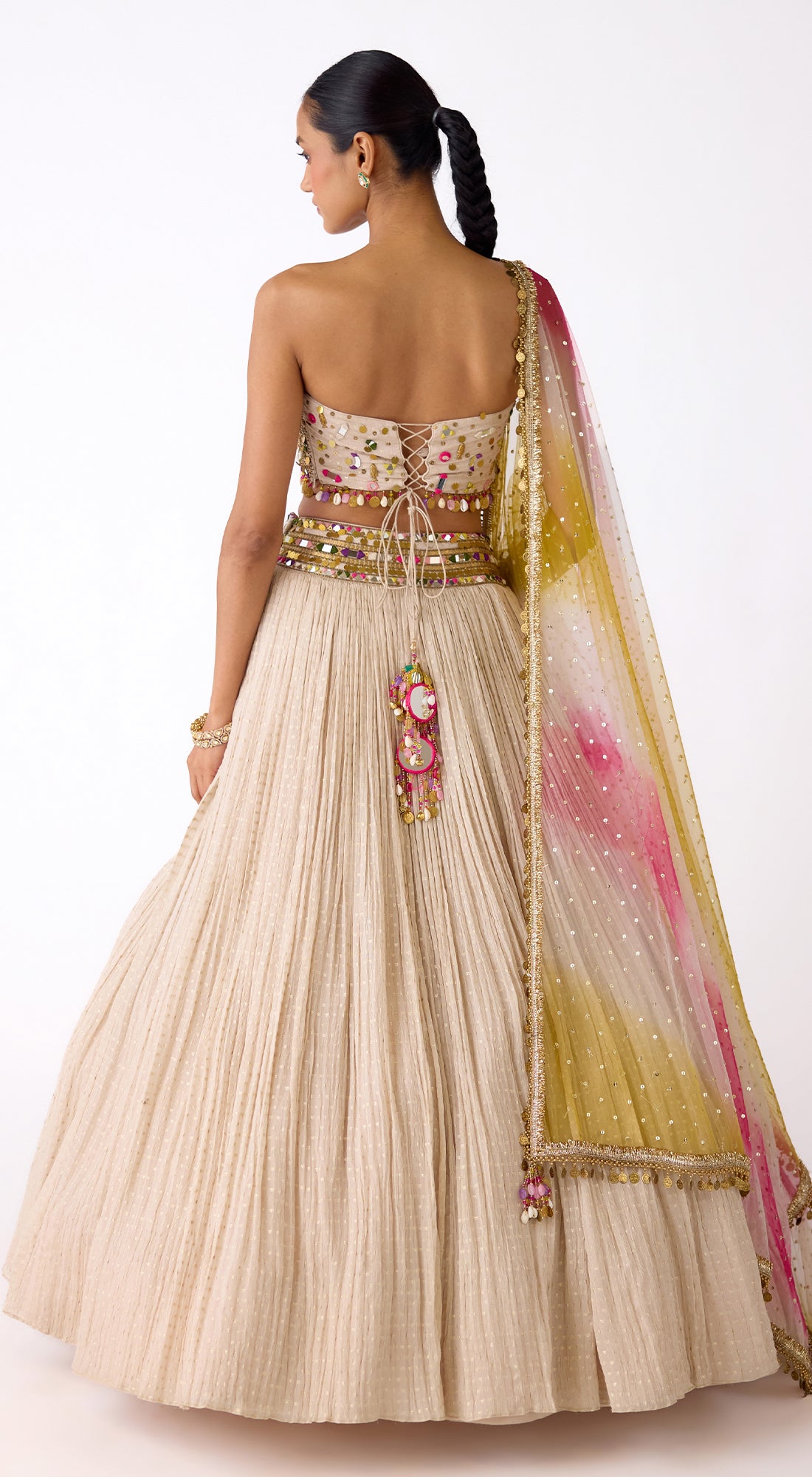 Ivory Designer Chinon Lehenga Set with Mirror Work and Embroidered Blouse - Basanti Kapde aur Koffee