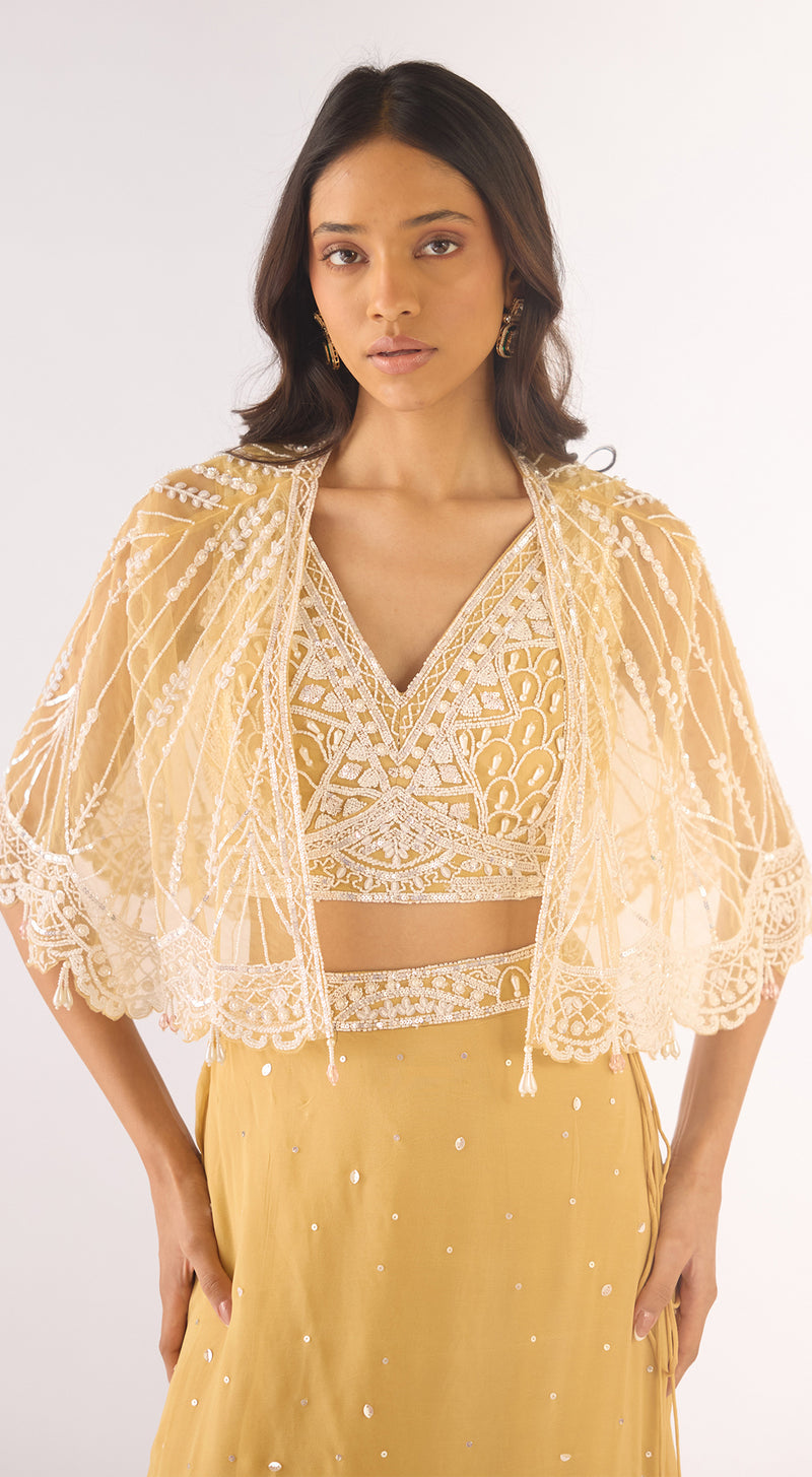 Gold Georgette Embroidered Lehenga Set