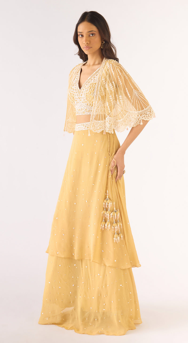 Gold Georgette Embroidered Lehenga Set