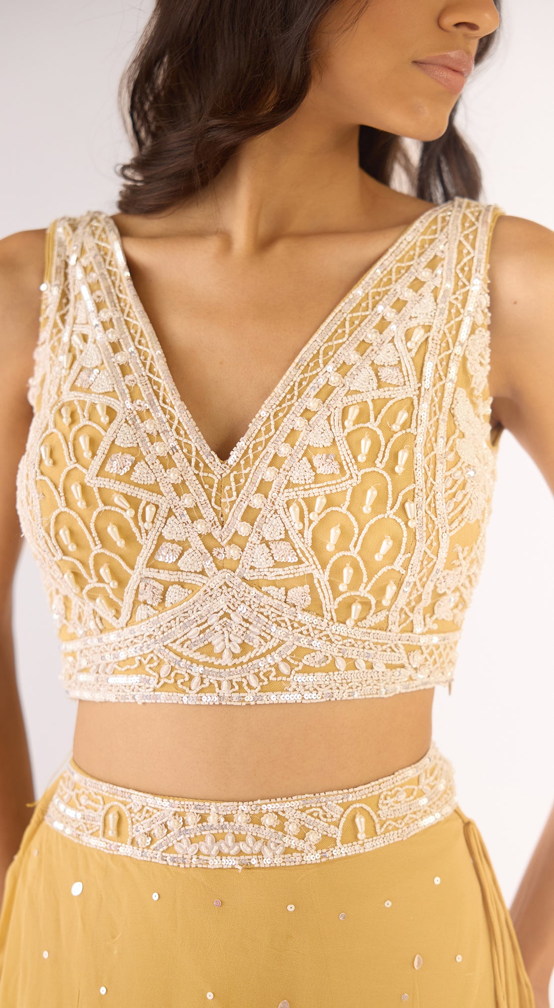 Gold Georgette Embroidered Lehenga Set