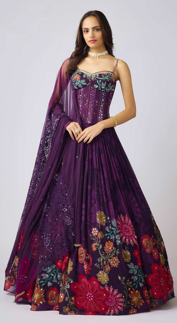 Purple georgette embroidered lehenga with bead and sequins work - Basantu kapde aur koffee