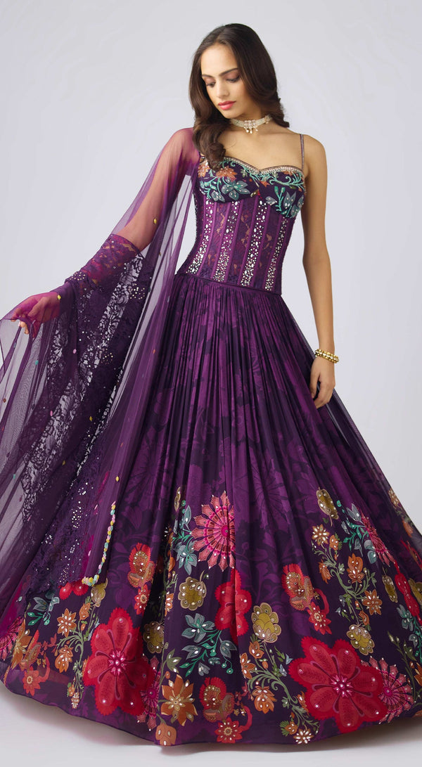 Purple georgette embroidered lehenga with bead and sequins work - Basanti kapde aur koffee