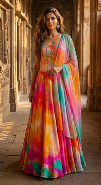 Multi Crepe Embroidered Lehenga Set