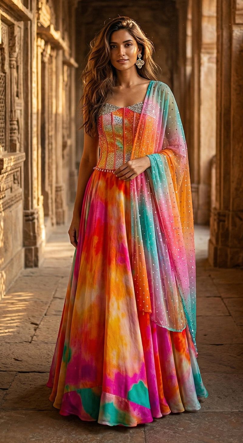 Multi Crepe Embroidered Lehenga Set