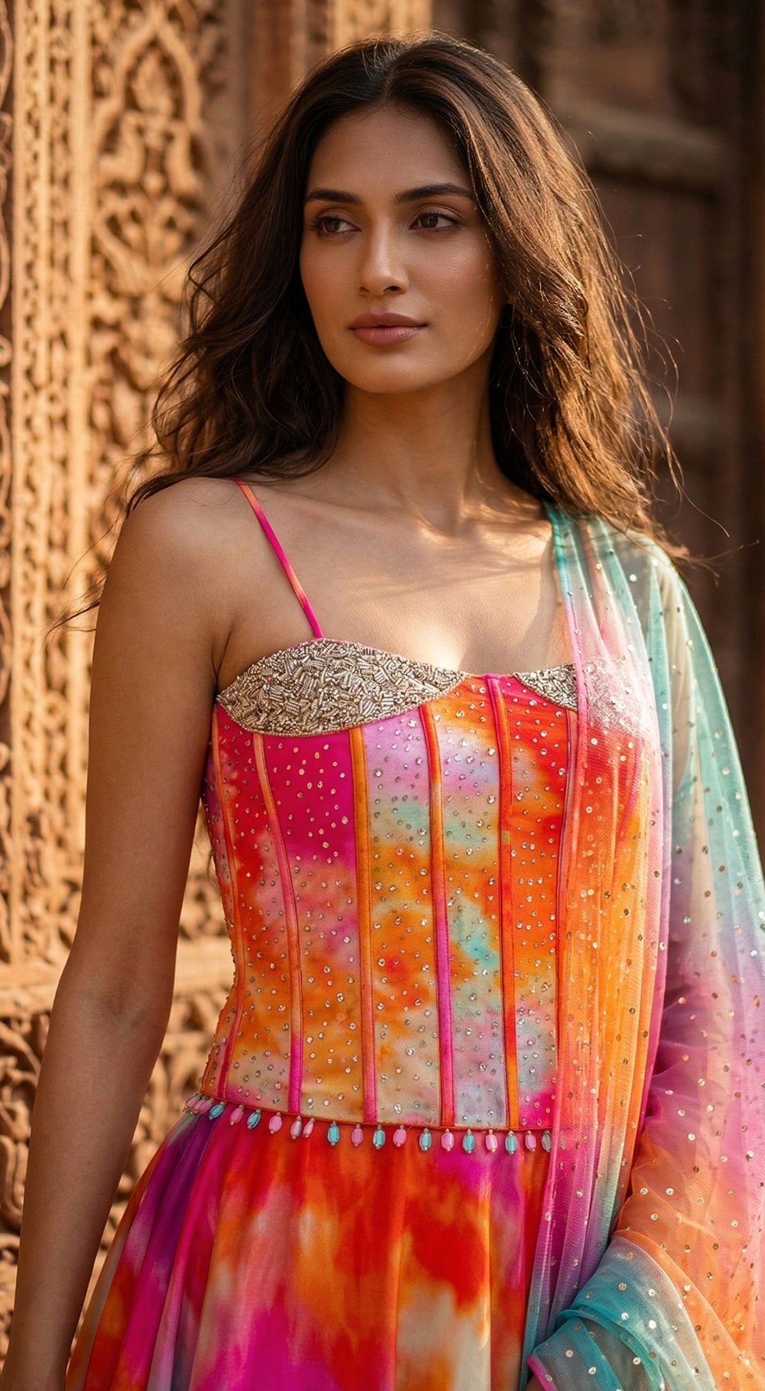 Multi Crepe Embroidered Lehenga Set