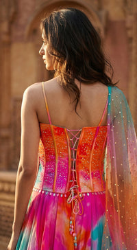 Multi Crepe Embroidered Lehenga Set