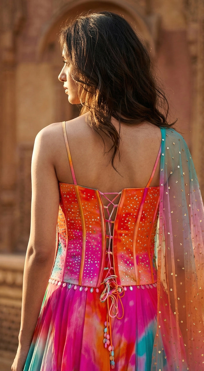 Multi Crepe Embroidered Lehenga Set