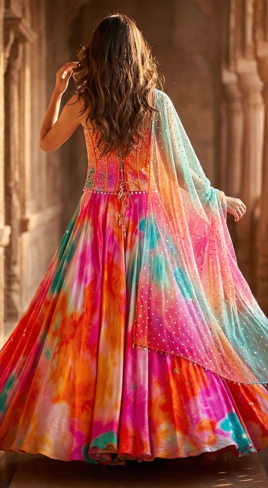 Multi Crepe Embroidered Lehenga Set