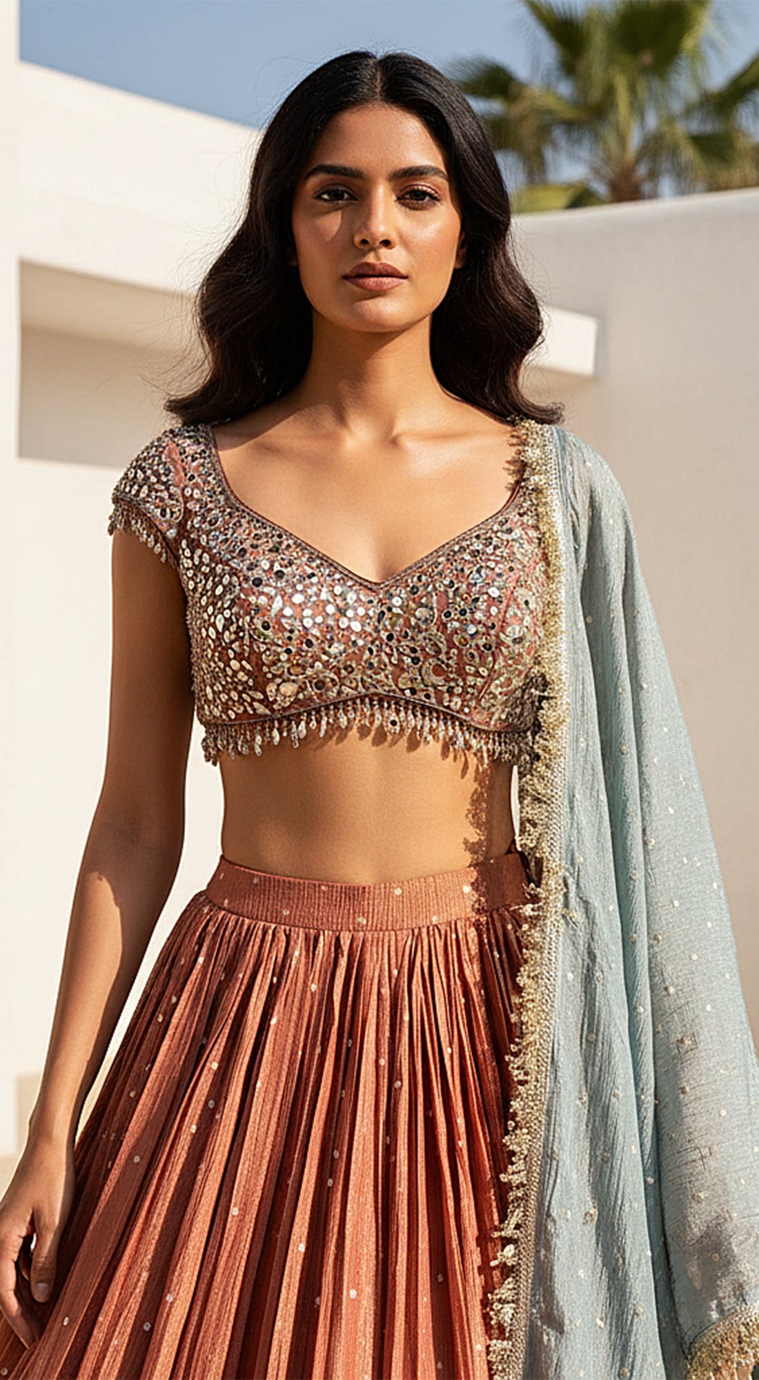 Russet Tissue Embroidered Lehenga Set