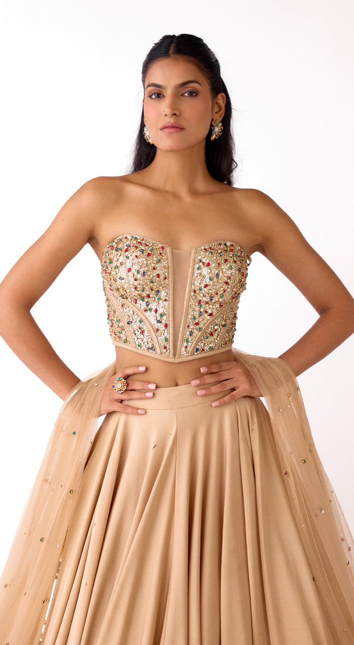 Gold Silk Embroidered Corset Lehenga Set