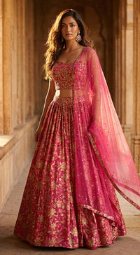 Pink Chinon Embroidered Lehenga Set