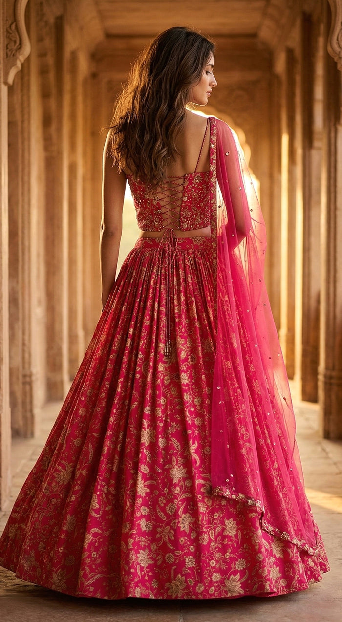 Pink Chinon Embroidered Lehenga Set