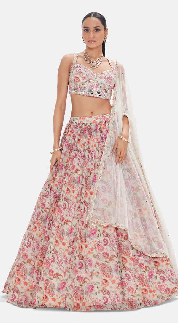 Pink Organza Corset Lehenga Set with Pearl, Beads, Sequins & Zari Embroidery - Basanti kapde aur koffee