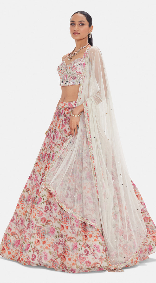 Pink Organza Corset Lehenga Set with Pearl, Beads, Sequins & Zari Embroidery - Basanti kapde aur koffee