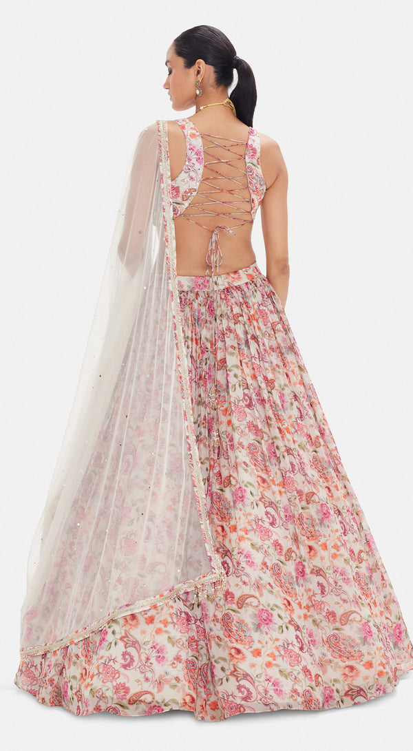Pink Organza Corset Lehenga Set with Pearl, Beads, Sequins & Zari Embroidery - Basanti kapde aur koffee