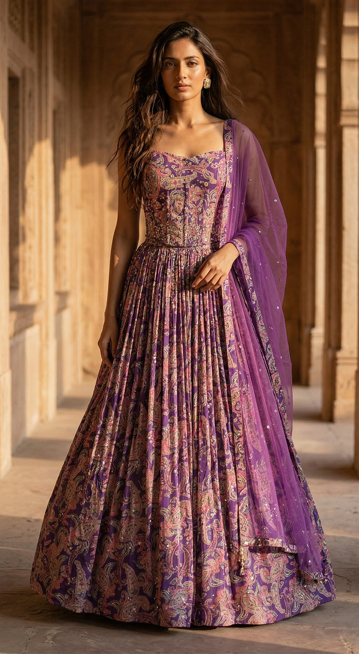 Purple Georgette Embroidered Lehenga Set