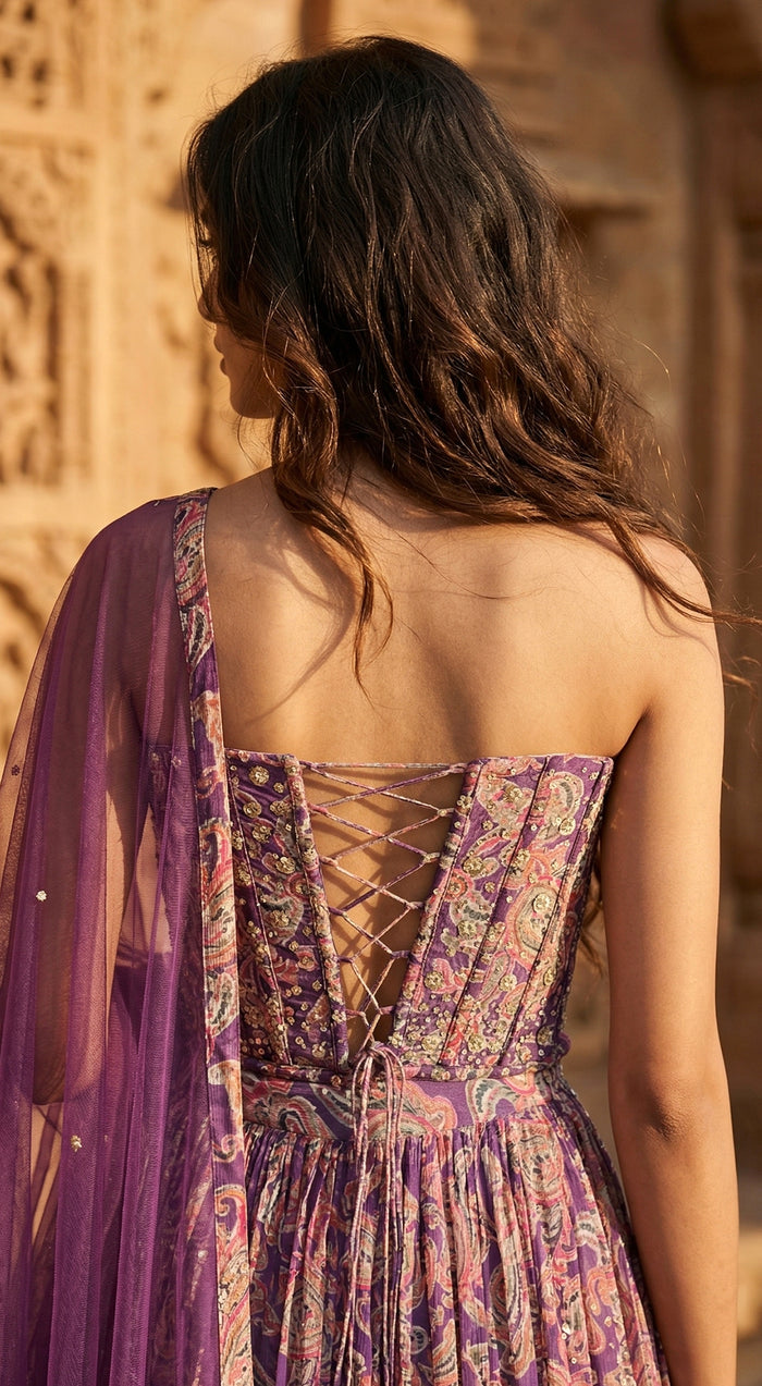 Purple Georgette Embroidered Lehenga Set