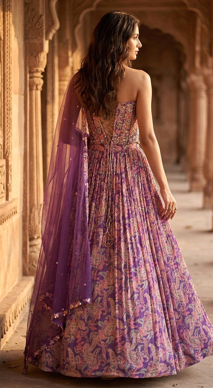 Purple Georgette Embroidered Lehenga Set