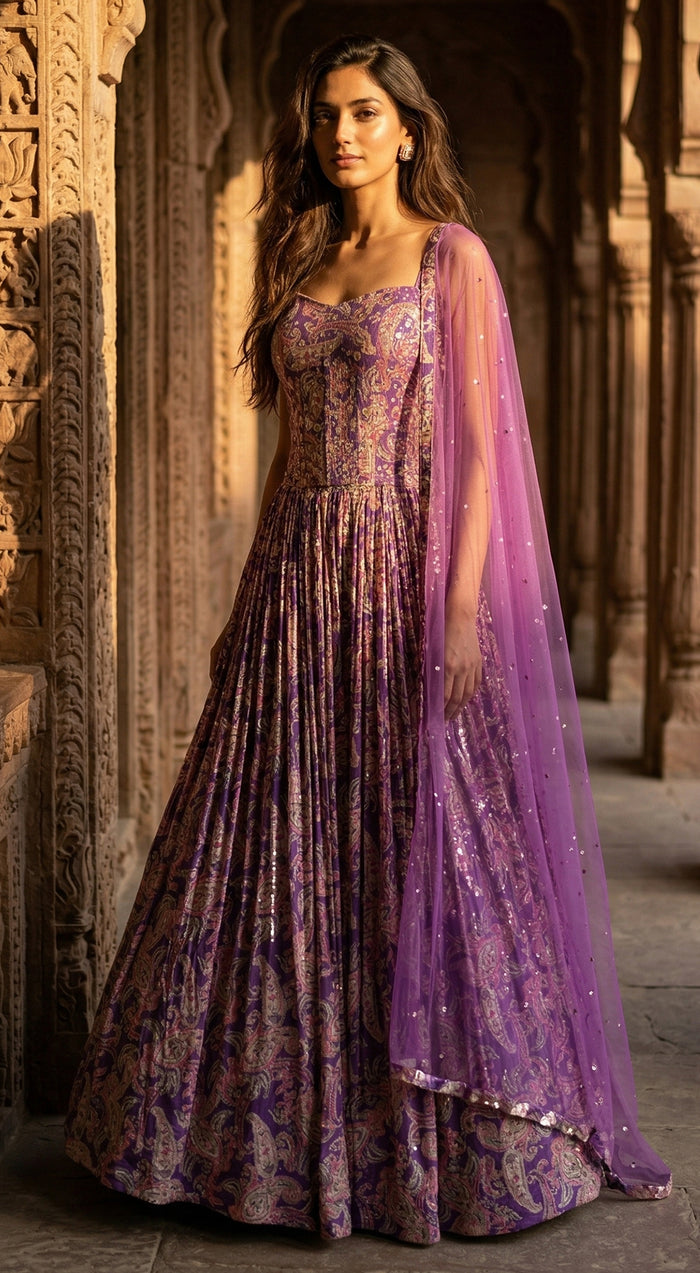 Purple Georgette Embroidered Lehenga Set