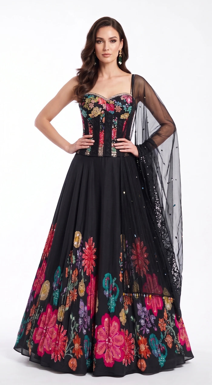 Black Georgette Embroidered Lehenga Set